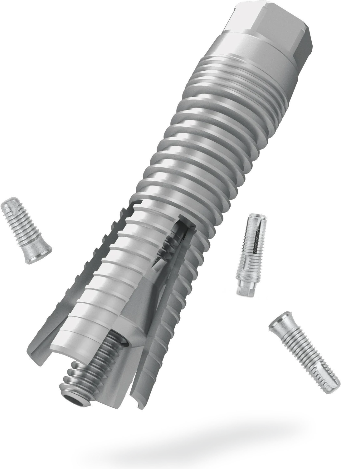 Exploded view of the Ultratooth implant body, expansion screw and expansion cone